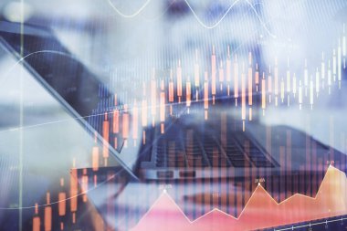 Bilgisayar geçmişi olan eski grafik hologramı. Çifte maruziyet. Finans piyasası kavramı.