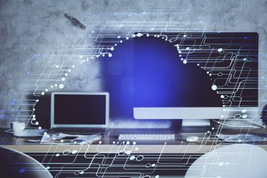 Teknoloji temalı çizim ve bilgisayarla çalışma alanı. Çoklu maruz kalma. Yenilik kavramı.