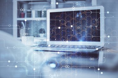 Teknoloji temalı çizim ve bilgisayarlı masa. Çoklu maruz kalma. Bilgi kavramı.