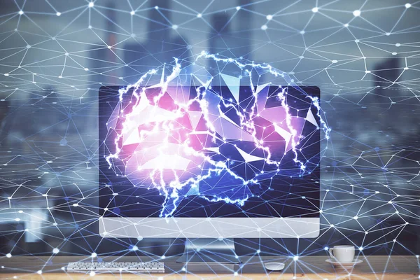 Διπλή έκθεση του πίνακα με υπολογιστή και ολόγραμμα εγκεφάλου. Έννοια καινοτομίας δεδομένων. — Φωτογραφία Αρχείου
