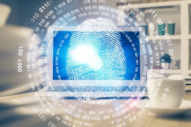 Ofisteki bilgisayarın parmak izi çizimi. Çifte maruziyet. İş veri güvenliği kavramı.