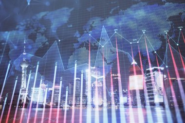 Yüksek binalar arka plan çift pozlama ile gece şehir scape mali grafik. Analiz kavramı.