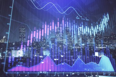 Yüksek binalar arka plan çok pozlama ile gece şehir scape mali grafik. Analiz kavramı.
