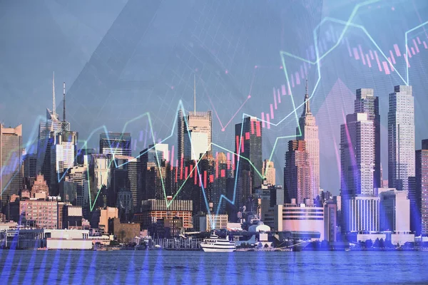 Forex graph on city view with skyscrapers background double exposure. Financial analysis concept. — Stock Photo, Image