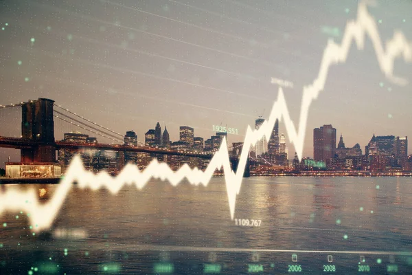 Financial graph on night city scape with tall buildings background double exposure. Analysis concept. — Stock Photo, Image