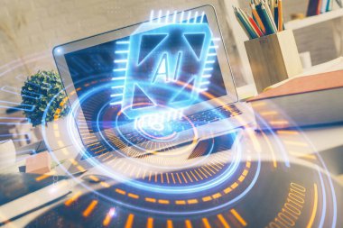 Kişisel bilgisayar ve teknik tema çizimi ile masaüstü çok açıkta. Büyük Veri Kavramı.