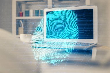Ofisteki bilgisayarın parmak izi çizimi. Çifte maruziyet. İş veri güvenliği kavramı.
