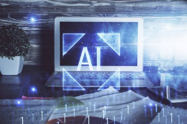 Teknoloji temalı çizim ve bilgisayarlı masa. Çoklu maruz kalma. Bilgi kavramı.