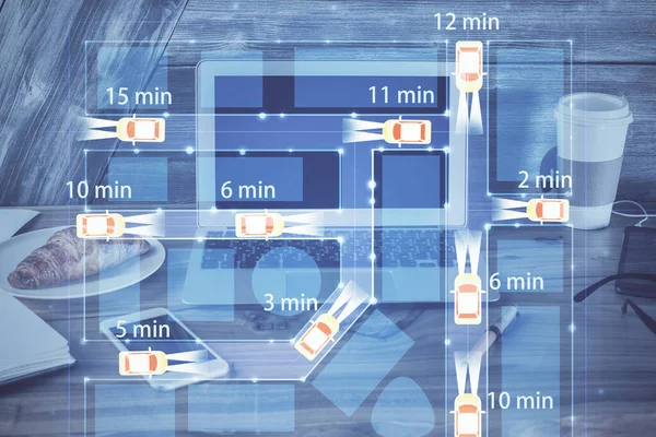 Pozadí stolního počítače v kanceláři s autohologramem. Multi expozice. Technický koncept. — Stock fotografie