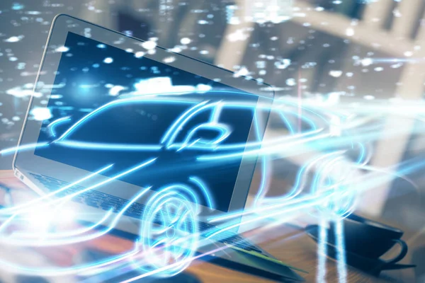 Otomobil hologramı çizimi olan masaüstü bilgisayar arkaplanı. Çoklu maruz kalma. Teknoloji kavramı.