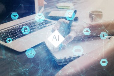 Veri çözeltisi hologramı ile arka plan üzerine yazılan ellere çoklu maruz kalma. Teknoloji konsepti.