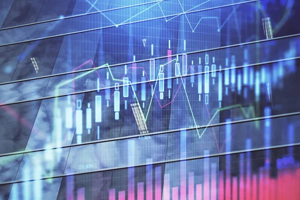 Forex diagram på stadsbilden med höga byggnader bakgrund multi exponering. Finansiell forskning. — Stockfoto