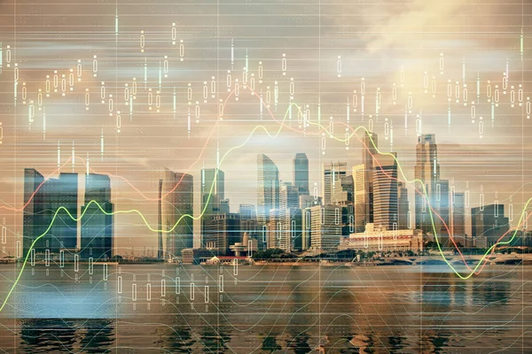 Diagrama de la divisa en paisaje urbano con edificios altos fondo multi exposición. Concepto de investigación financiera . —  Fotos de Stock