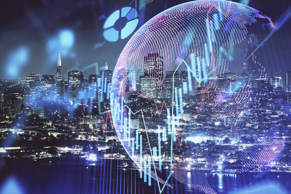 Financial graph on night city scape with tall buildings background double exposure. Analysis concept.