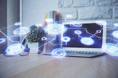 Sosyal ağ hologramıyla birlikte bilgisayar masaüstünde. Çoklu maruz kalma. Uluslararası insan ilişkileri kavramı.