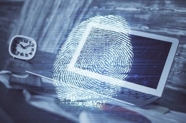 Ofisteki bilgisayarın parmak izi çizimi. Çifte maruziyet. İş veri güvenliği kavramı.