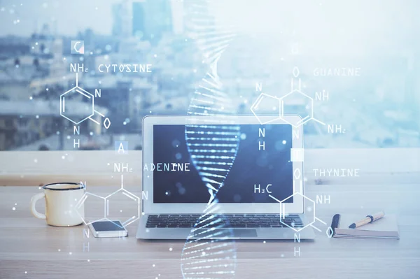 Desktop-Computer Hintergrund und DNA-Zeichnung. Doppelbelichtung. Wissenschaftskonzept. — Stockfoto