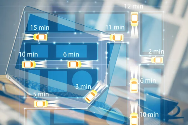 Bureaublad computer achtergrond in kantoor met auto hologram tekening. Meervoudige blootstelling. Technologisch concept. — Stockfoto