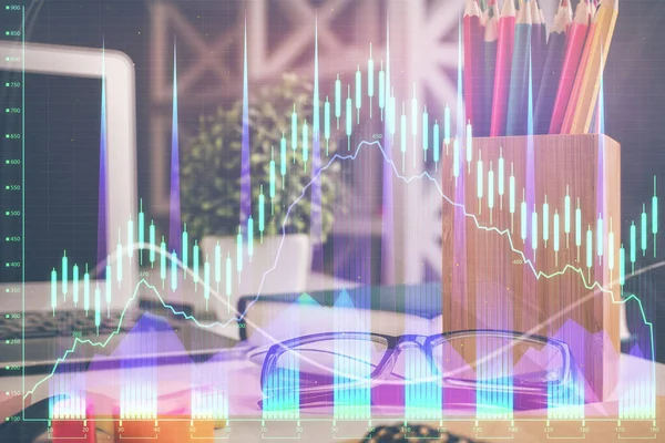 Holograma gráfico financeiro com óculos no fundo da mesa. Conceito de negócio. Dupla exposição . — Fotografia de Stock