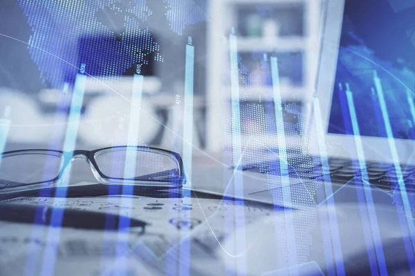 Financial chart hologram with glasses on the table background. Concept of business. Double exposure. — Stock Photo, Image