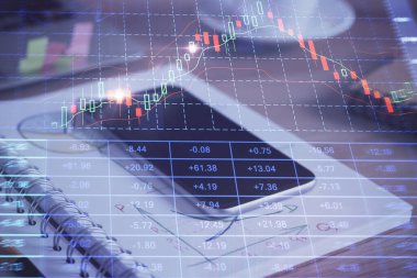 Ön plan çizimi ve cep telefonu arkaplanı çift pozlama. Mali veri analizi kavramı