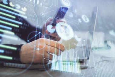 Dijital bir cihaz ve veri temalı çizim kullanarak erkeklerin el ele tutuşması. Yenilik kavramı.