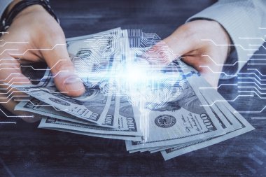 Beynin holograma maruz kalması, bize dolar banknotları ve insan eli çizmesi. Ai yatırım konsepti