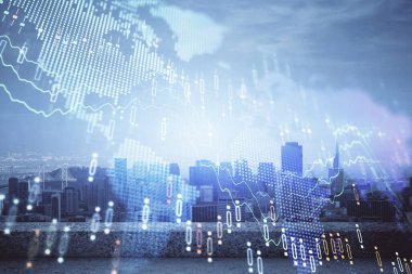 Gökdelenler arka planda çoklu pozlama ile şehir görünümünde eski grafik. Mali analiz kavramı.