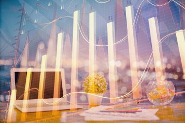 Bilgisayar geçmişi olan eski grafik hologramı. Çifte maruziyet. Finans piyasası kavramı.