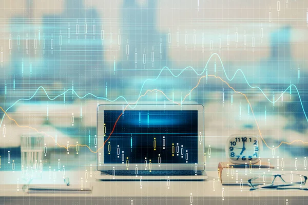 Stock market graph and table with computer background. Multi exposure. Concept of financial analysis. — Stock Photo, Image