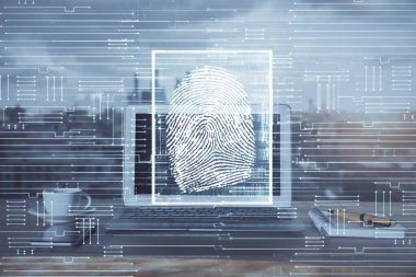 Ofisteki bilgisayarın parmak izi çizimi. Çifte maruziyet. İş veri güvenliği kavramı.