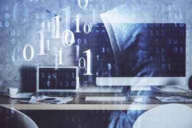 Teknoloji temalı çizim ve bilgisayarla çalışma alanı. Çoklu maruz kalma. Yenilik kavramı.