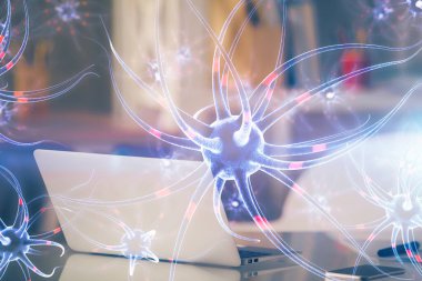 Masaüstü bilgisayar arkaplanı ve nöron çizimi. Çifte maruziyet. Eğitim kavramı.