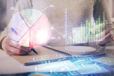 Forex grafik hologram el notları arka plan alarak. Analiz kavramı. Çift Pozlama