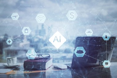 Veri temalı çizimlerin çoklu pozlanması ve açık defter arkaplanı olan masa. Eğitim kavramı