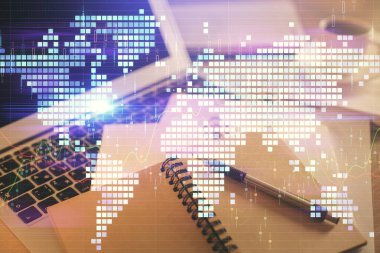 Masa arkasında kahve ve eşyalar olan iki kat iş teması çizimi ve masaüstü görüntüsü. Pazar ticareti kavramı