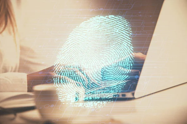 Double exposure of woman hands typing on computer and fingerprint drawing. Security concept. — Stock Photo, Image