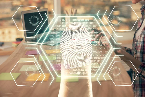 Double exposure of woman hands typing on computer and fingerprint drawing. Security concept. — Stock Photo, Image