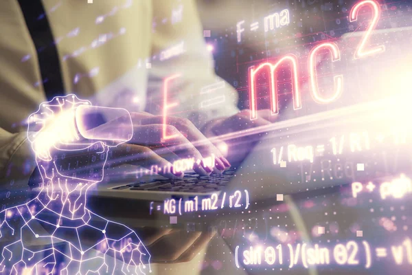 コンピュータと数式のホログラム図面に入力する女性の手の二重露出。教育理念. — ストック写真