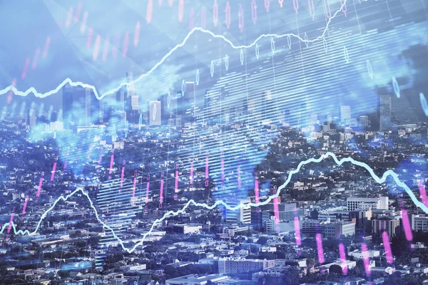 Gráfico de divisas en paisaje urbano con rascacielos fondo de pantalla doble exposición. Concepto de investigación financiera . —  Fotos de Stock