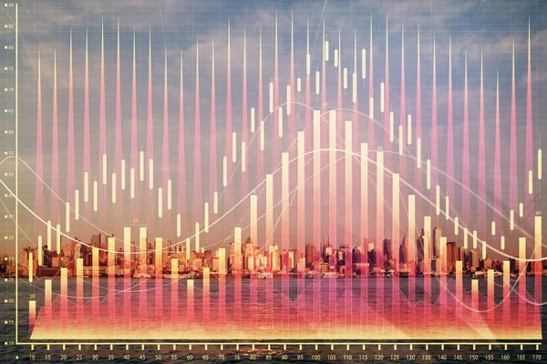Forex chart on cityscape with skyscrapers wallpaper double exposure. Financial research concept. — Stock Photo, Image