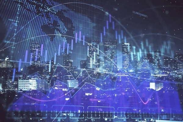 Gráfico financiero sobre paisaje nocturno de la ciudad con edificios altos de fondo multi exposición. Concepto de análisis . —  Fotos de Stock