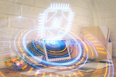 Kişisel bilgisayar ve teknik tema çizimi ile masaüstü çok açıkta. Büyük Veri Kavramı.