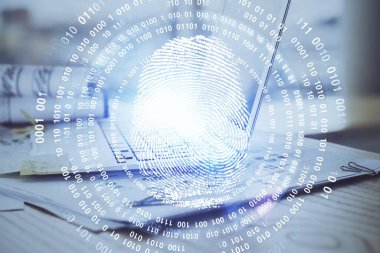 Ofisteki bilgisayarın parmak izi çizimi. Çifte maruziyet. İş veri güvenliği kavramı.