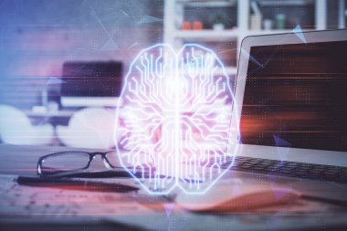 Bilgisayar ve beyin hologramıyla iki kat maruz kalmışlar. Veri yeniliği kavramı.