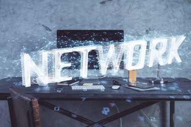 Teknoloji temalı çizim ve bilgisayarlı masa. Çifte maruziyet. Bilgi kavramı.