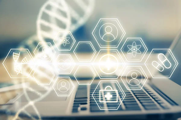 Skrivbordsdator bakgrund och DNA-ritning. Dubbel exponering. Vetenskapligt koncept. — Stockfoto