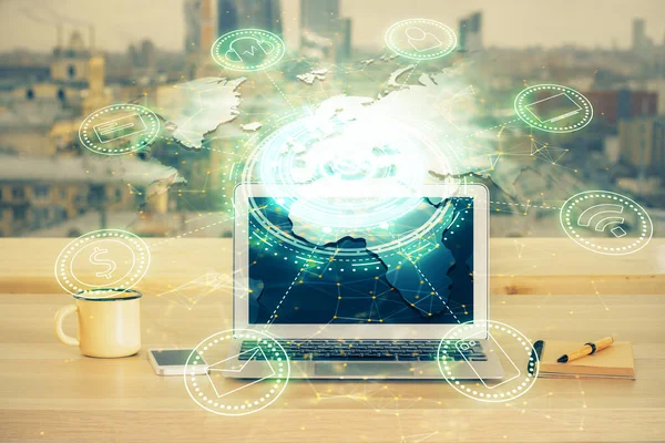 Computer on desktop with social network theme icon. Multi exposure. Concept of international connections. — Stock Photo, Image