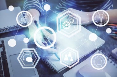 Kadınların el yazısı üzerine sosyal ağ temalı hologram. Uluslararası insanlar birbirine bağlanır. Çift pozlama