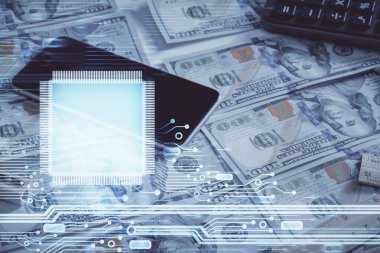 İki kez veri temasına maruz kalınca dolar banknotları arka planda kalıyor. Teknoloji konsepti.